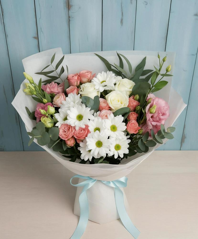 Букет цветов из: Розы, Лизиантусы и Хризантемы в Фёдоровской
