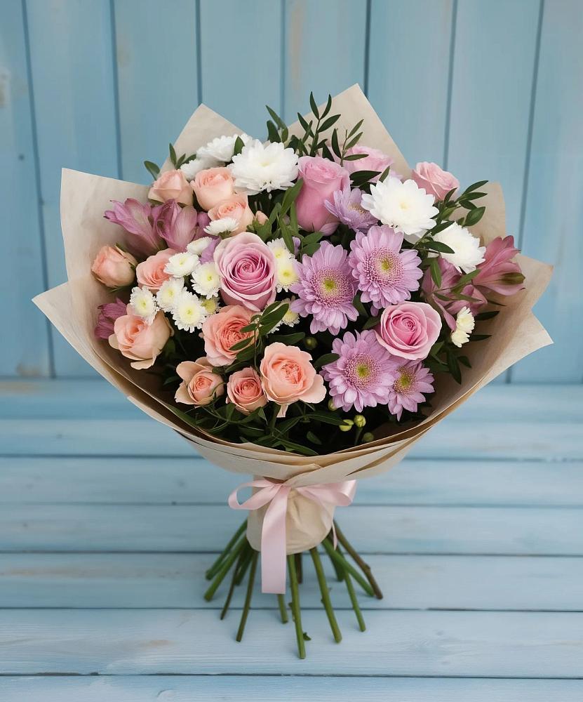 Букет цветов из: Хризантемы, Розы и Альстромерии в Фёдоровской