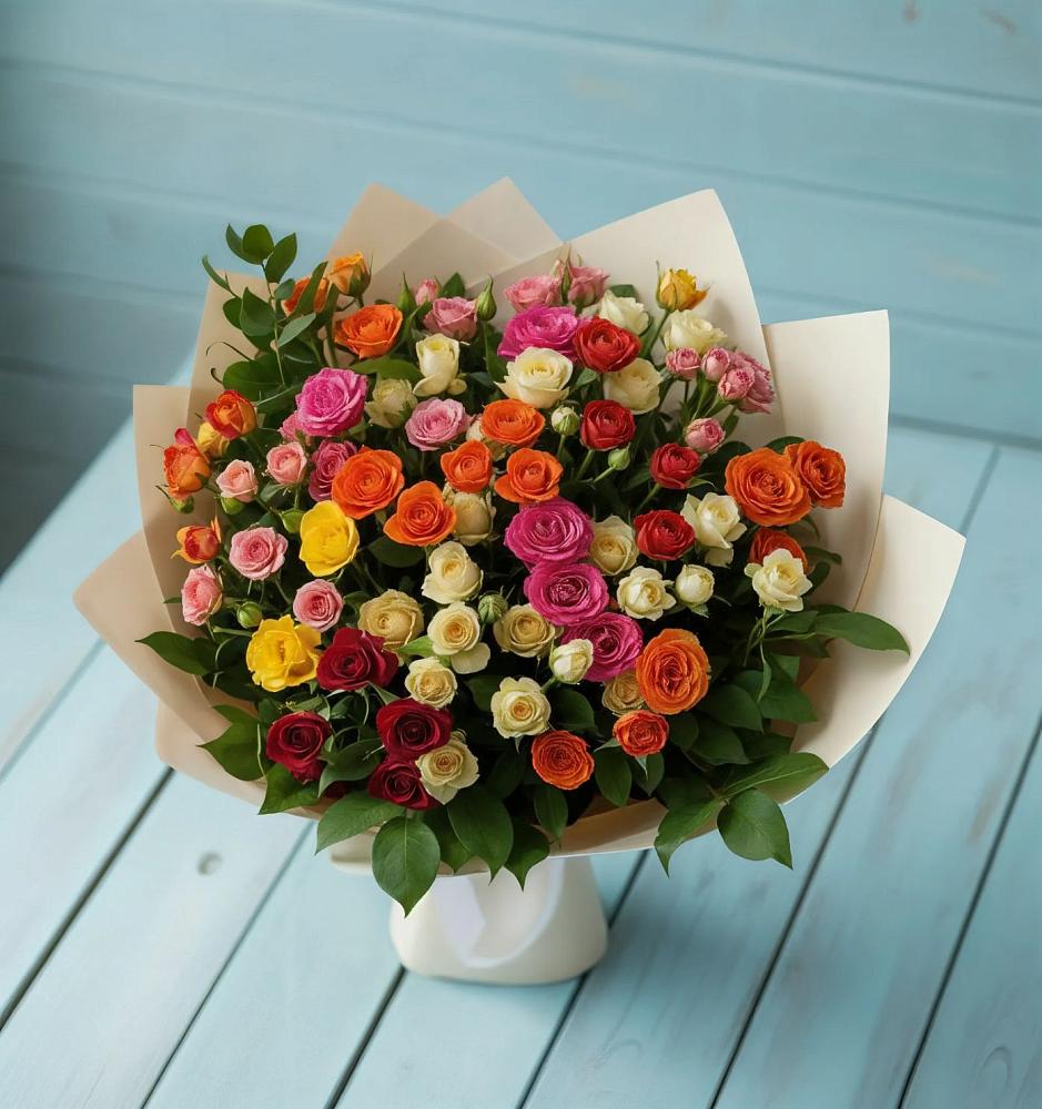 Букет Микс из разноцветных кустовых роз в Фёдоровской