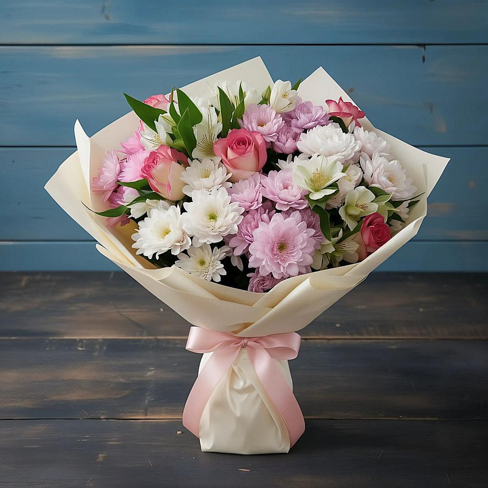 Букет цветов из: Хризантемы, Альстромерии и Розы в Фёдоровской